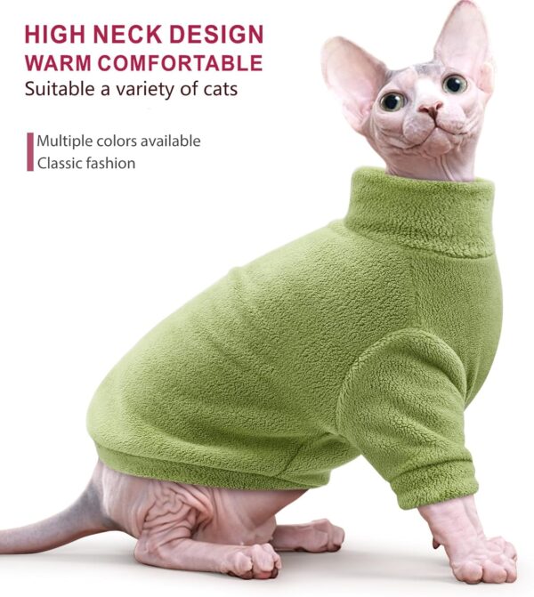 Idepet Sphynx Cats Clothes Winter,Hairless Cat Turtleneck Sweater Soft Coral Fleece Outfit Coat Warm Shirt Kitten Apparel with Sleeves Pullover Pet Winter Pajamas Jumpsuit (Green, Small) - Image 4