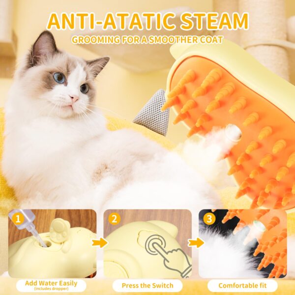 Cat Steam Brush for Shedding Rechargeable Cat Brush with Steam Self Cleaning 3in1 Cat Hair Brush with 2Gears Cat Grooming Brush for Long and Short Hair of Cat and Dog-Yellow - Image 3