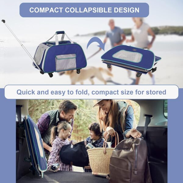 A 4 Pet Dog Carrier with Wheels,Foldable Rolling Pet Carrier Up to 33 LBS with Removable Base, Extendable Handle & 4-Wheels Design, Mesh Ventilation Windows and Safety Rope,Navy Blue - Image 8