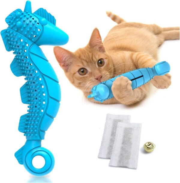 Cat Toothbrush Catnip Toy - Durable Hard Rubber - Cat Dental Care, Cat Interactive Toothbrush Chew Toy (1 Pack_Seahorse)