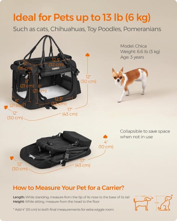 Feandrea Airline Approved Small Dog Carrier, Collapsible Pet Travel Carrier, Size S, with Metal Frame, Leash, Pocket, for Cats and Small Dogs up to 13 lb, 17 x 12 x 12 Inches, Classic Black UPDC004B01 - Image 6