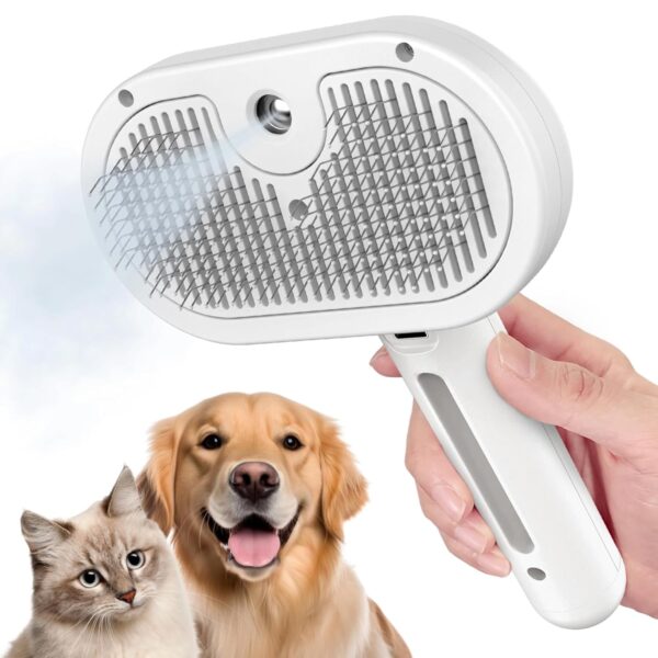 Cat Steam Brush for Shedding, 3 In 1 Self Cleaning Steamy Pet Brush Anti-Static Flying Hair Spray Cat Brush for Long and Short Hair Pets Grooming Remove Loose Hair Reduce Shedding, White