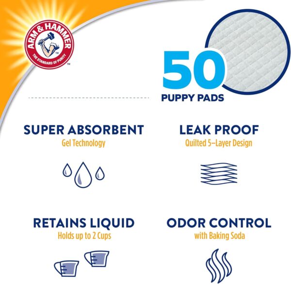 Arm & Hammer for Dogs Puppy Training Pads with Attractant | New & Improved Super Absorbent, Leak-Proof, Odor Control Quilted Puppy Pads with Baking Soda| 50 Count Wee Wee Pads - Image 3