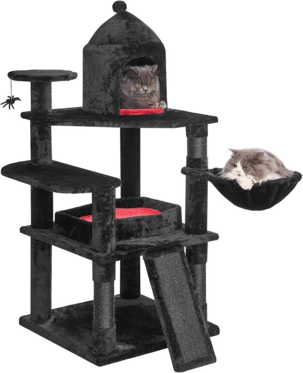 BEWISHOME Gothic Cat Tree with Coffin Bed, Cat Tower for Indoor Cats with Spacious Cat Condo, Sisal Scratching Ramp, Cozy Basket Black Cat House Halloween Pet Furniture Cat Activities Center MMJ92R