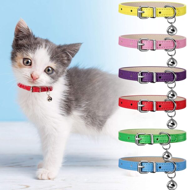 Weewooday 6 Pieces Leather Cat Collar with Bell Leather Kitten Collar Cat Collar for Boy Cats, Girl Cats with Safety Elastic Strap Cute Pet Collars for Small Cat Kitten Puppy(Bright Color) - Image 6