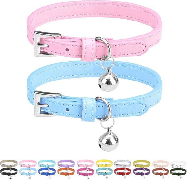 PUPTECK 2 PCS Soft Leather Cat Kitten Collar with bells Adjustable for Girl Boy Cats Puppy - Pink, Blue