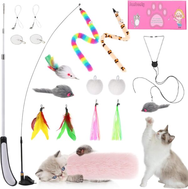 4-in-1 Interactive Cat Feather Toys Durable Retractable Fishing Pole Cat Toy Enhanced Suction Cup Cat Catnip Toy 14 Wand Replacement Door Hanging Cat String Toy for Bored Indoor kitten