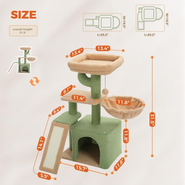 PETEPELA Cactus Cat Tree for Indoor Cats, 31.5'' Small Cat Tower Cat Condo with Sisal Scratching Ramp, Cozy Hammock and Removable Top Bed Perch for Kittens, Green - Image 4