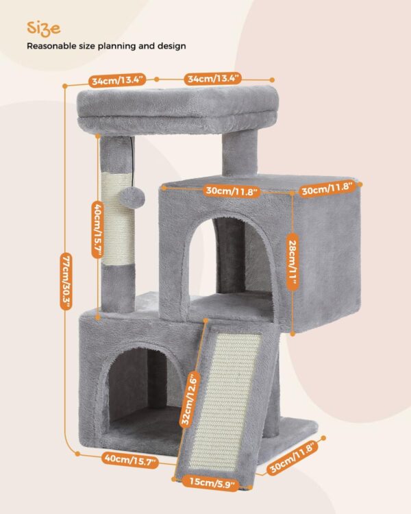 PAWZ Road Cat Tree, 30 Inches Cat Tower with Dual Condos for Indoor Cats, Plush Cat House with Padded Perch, Scratching Ramp and Posts and Replaceable Balls-Gray - Image 2