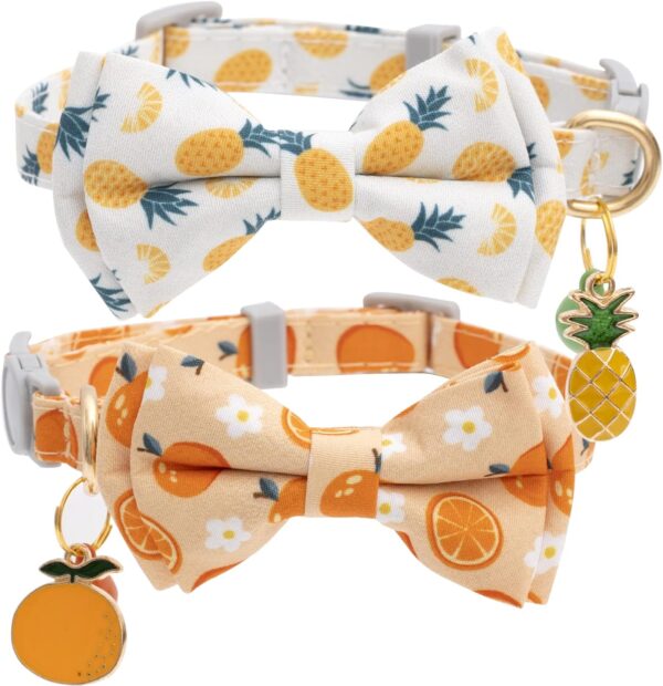 Faygarsle 2 Pack Cute Cat Collar with Bell Breakaway Bowtie Cat Collar for Male Female Cats Soft Fancy Orange Yellow Cat Collar Pineapple Orange Pattern Summer Cat Collar for Boy Girl Cats