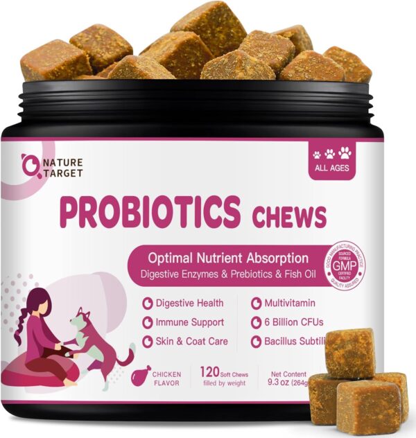 Probiotics for Dogs - Dog Probiotics and Digestive Enzymes for Digestive Health - Plus Fish Oil & Vitamins Supplement for Allergies & Immune & Itchy Skin, 120 Chicken Flavor Probiotic Soft Chews