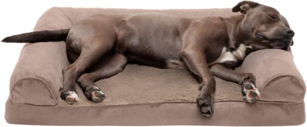 Furhaven Orthopedic Dog Bed for Large/Medium Dogs w/ Removable Bolsters & Washable Cover, For Dogs Up to 55 lbs - Plush & Suede Sofa - Almondine, Large