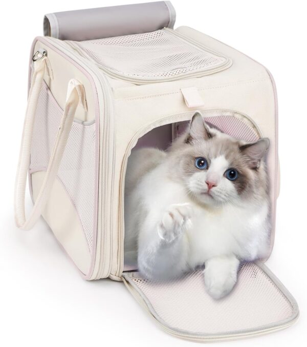 Cat Carrier for Cat, Puppy Airline Approved, Pet Carrier Bag with Solid Outer Frame Design, Foldable Bowl, Adjustable Shoulder Strap, Cat Carrier for Travel, Outdoor Max 15 lbs, Beige