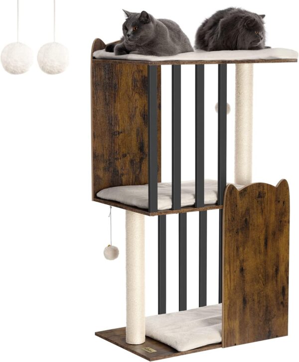 43.8in 3-Tier Modern Cat Tree Tower Condo, Cat Scratch Posts for Indoor Cats, Big Plate, Two 19.7in Full Sisal Scratching Posts, Rustic Brown