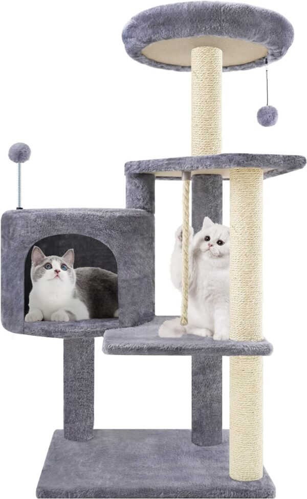 TINWEIUS Multifunctional Cat Tree for Indor Cats, Cat Tower with Cozy Condo, Perches, Scratching Posts and Hanging Rope, Grey