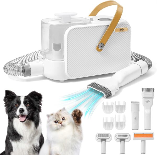 2.0L Dog Grooming Kit, Pet Grooming Kit & Vacuum Suction 99% Pet Hair Groomer, Professional Grooming Clippers with 5 Proven Grooming Tools for Dogs Cats, Quiet Pet Vacuum Groomer (White)