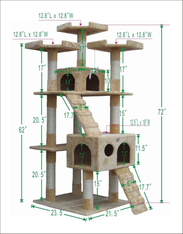 Go Pet Club 72" Tall Extra Large Cat Tree Kitty Tower Condo Cat House for Large Indoor Cats Play Scratch Hide Climb Activity Furniture with Toy, Beige - Image 2