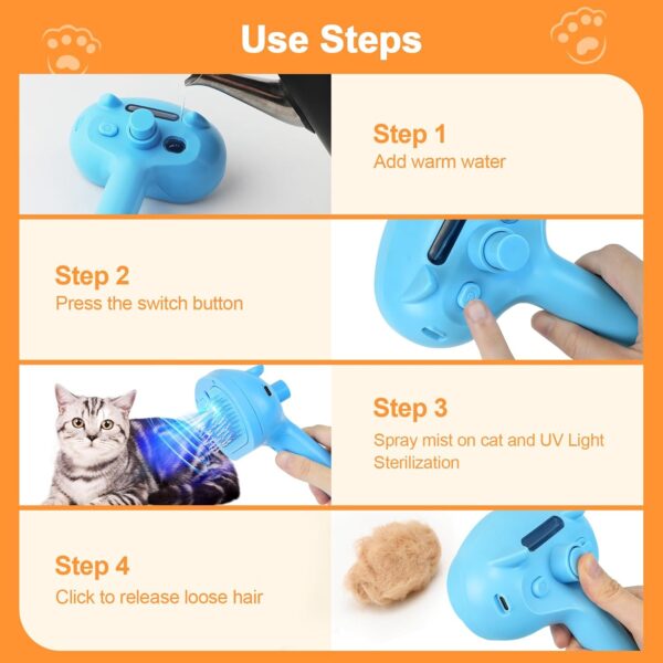 Cat Steam Brush, 4 in 1 Steamy Cat Brush for Shedding, Misting Pet Hair Grooming Comb with Release Button for Indoor Kitten Dogs(Blue) - Image 6