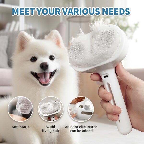 Cat Steam Brush for Shedding, 3 In 1 Self Cleaning Steamy Pet Brush Anti-Static Flying Hair Spray Cat Brush for Long and Short Hair Pets Grooming Remove Loose Hair Reduce Shedding, White - Image 2