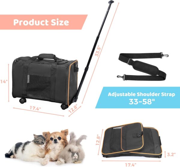 Cat Dog Carrier with Wheels, Airline Approved Pet Carrier for Small Dogs, Soft Sided Pet Travel Carrier with Telescopic Handle and Shoulder Strap (Black) - Image 7