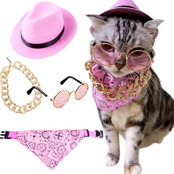 4 PCS Pink Cowgirl Hat for Cat Cowboy Costume for Pet Cowgir Bandanna Cowboy Hat for Pet Cowgirl Bandanna Sunglasses Hiphop Costume for Pet Hippie Costume