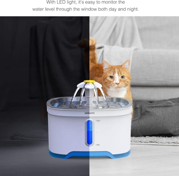 Cat Water Fountain with Stainless Steel Top, 2.5L Pet Water Fountain with Led Light and Water Level Window - Image 4