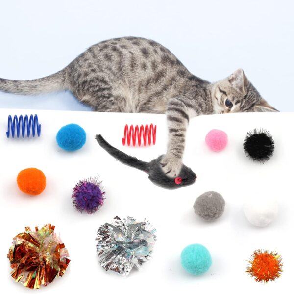 60 Packs Cat Toys Balls Set Spiral Springs Assorted, Kitten Ball Toys Assortments, Sparkle Ball, Cat Mouse Toy, Cat Crinkle Balls, Cat Springs, Furry Cat Toys Balls Soft Pom Pom Balls - Image 4