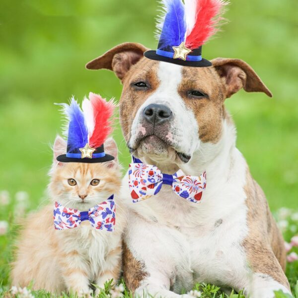 Pet Hat 2 Pcs Independence Day Dog Bow Ties Dog Hat 4th of July Feather Cat Cap Adjustable Pet Bow Ties Pet Hair Accessories Dress up Costume for Most Pets Wearing Patriotic Memorial Day - Image 2