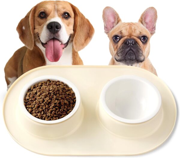 1.5Cup Pet Bowl with Mat Set, 2 Ceramic Dog Bowls for Small Size Dog, Non-slip Waterproof Silicone Dog Feeding Mat, Puppy Dog Food Bowl, Dog Supplies, Pet Accessories, BPA Free——Beige