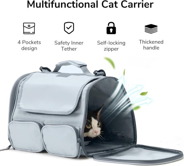 FUKUMARU Cat Carrier, Soft-Sided Pet Carriers for Small Dogs and Medium Cats Under 12lb, Airline Approved Travel Cat Bag with Double-sided Cushion and 4 Storage Bags, Portable and Washable，Grey S - Image 2