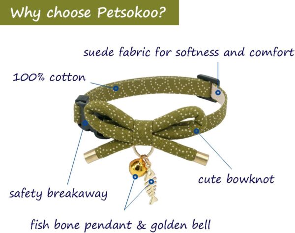 PetSoKoo Cute Bowtie Cat Collar with Bell. Japanese Stylish Bowknot & Fish Charm. Safety Breakaway, Soft, Lightweight, for Girl Boy Male Female Cats Kitten,Green - Image 2