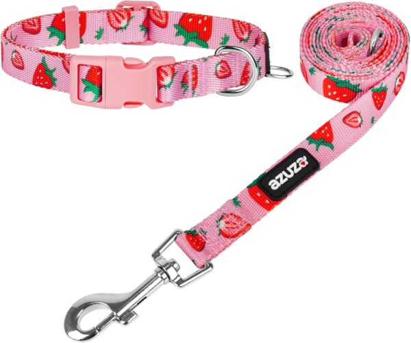 azuza Dog Collar and Leash Set Strawberry Pattern on Pink Nylon Collar and Matching Leash, Great Option for Small Dogs