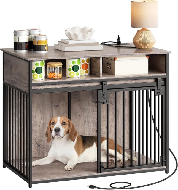 HOOBRO Dog Crate Furniture with Drawers, 39.4" Wooden Dog Kennel Indoor with Charging Station, Heavy Duty Dog Crate with Sliding Barn Door for Medium/Large Dog, Greige and Black BG182UGW03