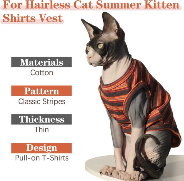 Sphynx Hairless Cats Shirt Puppy Clothes Soft Cotton T-Shirts Cute Cats Pajamas Cat Stripes Vest Pet Clothes, Round Collar Vest Kitten Shirts(Red Stripes, S) - Image 3