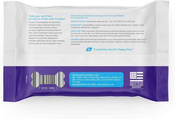 Vetnique Labs Furbliss Hygienic Pet Wipes for Dogs & Cats, Cleansing Grooming & Deodorizing Hypoallergenic Thick Wipes with All Natural Deoplex Deodorizer (Refreshing Scent, 100ct Pouch) - Image 2