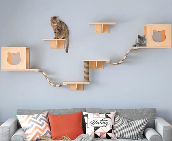 PETKABOO Cat Wall Furniture, Shelves, Floating Wood Climb Wall-Mounted Playing Climber, 2 Houses & 4 Shelves Ladders 1 Scratching Post