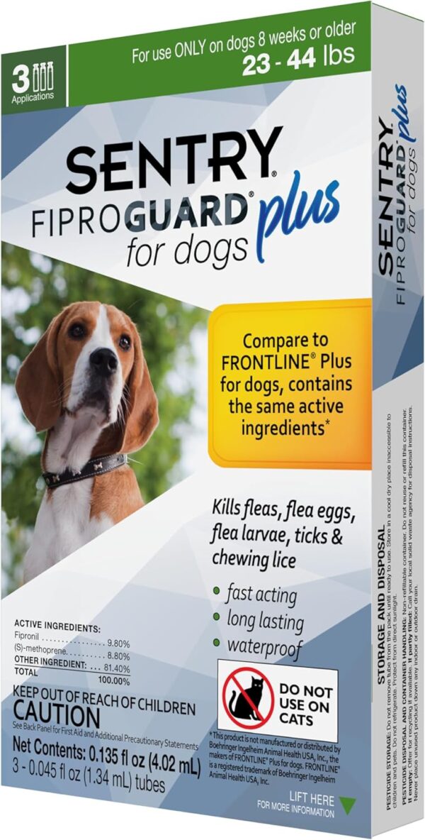 SENTRY PET CARE SENTRY Fiproguard Plus for Dogs, Flea and Tick Prevention for Dogs (23-44 Pounds), Includes 3 Month Supply of Topical Flea Treatments