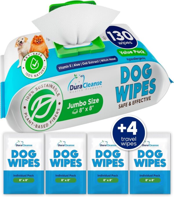 Dog Wipes for Paws and Butt - 130 Count + 4 Travel Puppy Wipes - 8" x 8" Large Dog Grooming Bath Wipes | Hypoallergenic Dog Face Wipes, Extra Thick Cleaning Deodorizing Pet Wipes for Dogs, Cats, Pets