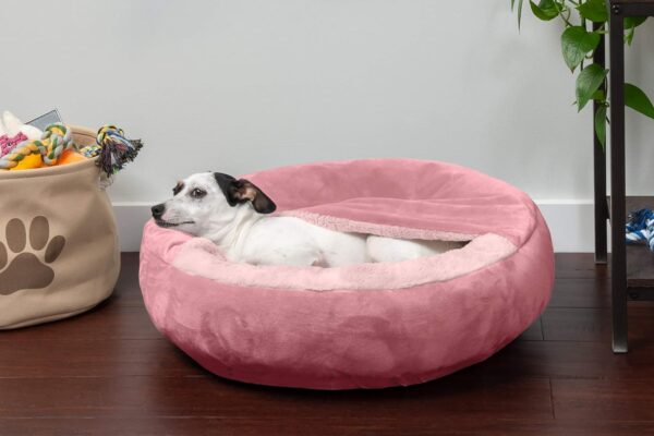 Furhaven 24" Round Calming Donut Dog Bed for Indoor Cats & Small Dogs, Washable, For Dogs Up to 20 lbs - Plush Velvet Waves Hooded Donut Bed - Rose Pink, Small - Image 3