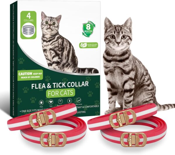 4 Pack Flea Collar for Cats, Flea and Tick Collar for Cats Red & White, 32 Months Flea and Tick Prevention for Cats, Cat Flea and Tick Treatment, Water-resistant & Adjustable Cat Flea Collar