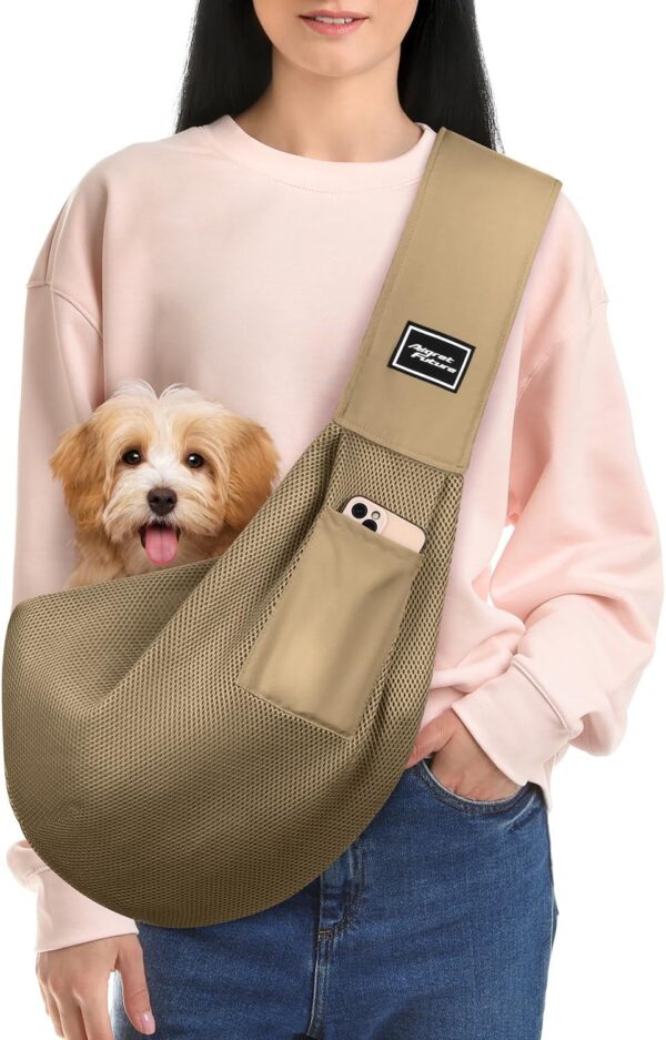 Dog Carrier Sling, Hand-Free Dog Sling Carrier for Small Dogs and Cats，Travel Safety Puppy Bag (Khaki)