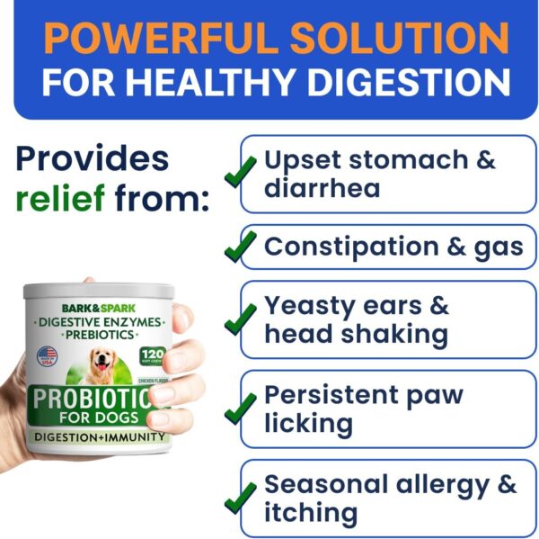 Bark&Spark Dog Probiotics & Digestive Enzymes (Gut Health) Allergy & Itchy Skin - Pet Diarrhea Gas Treatment Upset Stomach Relief, Digestion Health Prebiotic Supplement Tummy Treat (120Ct Chicken) - Image 4