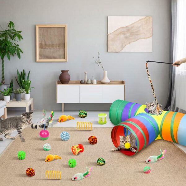 Malier Interactive Cat Tunnel Toys Set With Feather Toy, Crinkle Balls, and 3-Way Tube - Great for Kittens and Cats - Image 2