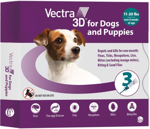 Vectra 3D for Dogs Flea, Tick & Mosquito Treatment & Prevention for Small Dogs (11 – 20 lbs) , 3 month supply