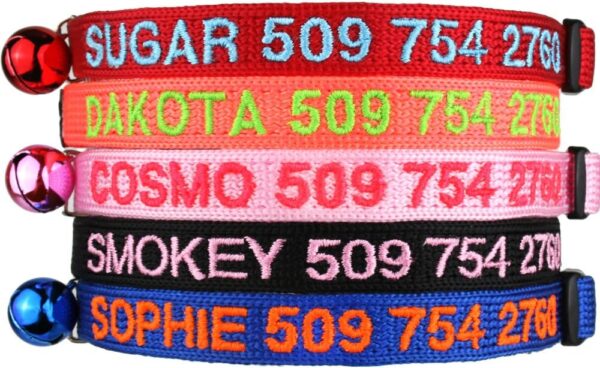 GoTags Personalized Cat Collars with Breakaway Safety Release Buckle, Custom Embroidered Cat Collar with Pet Name and Phone Number, Adjustable Nylon ID Collar with Bell for Cat or Kitten