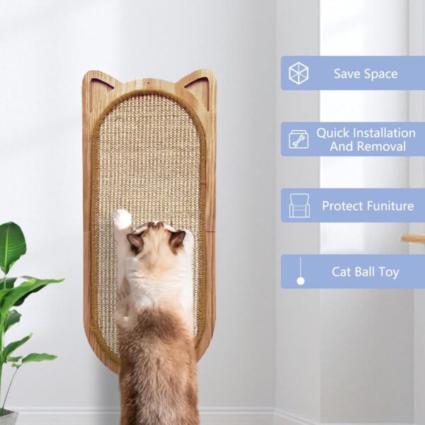 Cat Wall Scratching Post, Sisal Cat Wall Scratcher with Cat Ball Toy, Folding Wall Mount Cat Scratcher, Wood Cat Scratching Board for Couch Protector, Cat Wall Furniture for Cats - Image 5