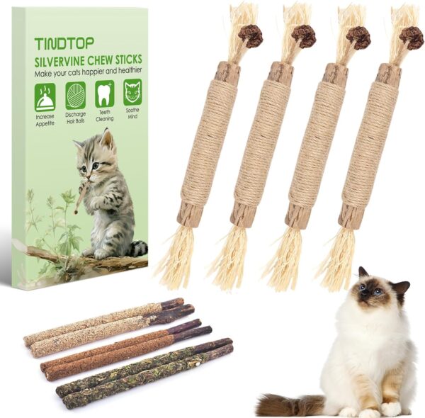 TINDTOP Silvervine Sticks, 10 Pack Natural Catnip Chew Toys for Kittens Teeth Cleaning, Increase Appetite, Calm Anxiety and Stress, Aggressive Chewers Toy