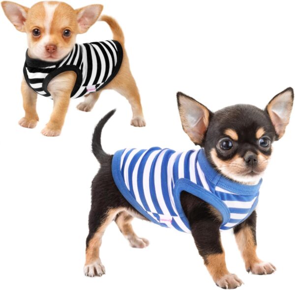 Frienperro Dog Shirt, 2-Pack Dog Clothes for Small Dogs Girl Boy, Breathable Cotton Striped Chihuahua Clothes Yorkie, Sleeveless Small Pet Puppy Clothes Outfit Cat Vest,Black & Blue XXS