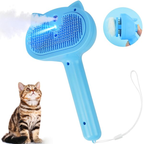 Cat Steam Brush, 4 in 1 Steamy Cat Brush for Shedding, Misting Pet Hair Grooming Comb with Release Button for Indoor Kitten Dogs(Blue)