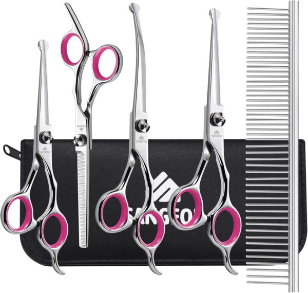 Dog Grooming Scissors, 6-in-1 Professional Dog Grooming Kit, 4CR Stainless Steel Dog Scissors for Grooming, Heavy Duty Dog Shears for Grooming, Dog Grooming Supplies Pet Grooming Kit for Dogs at Home